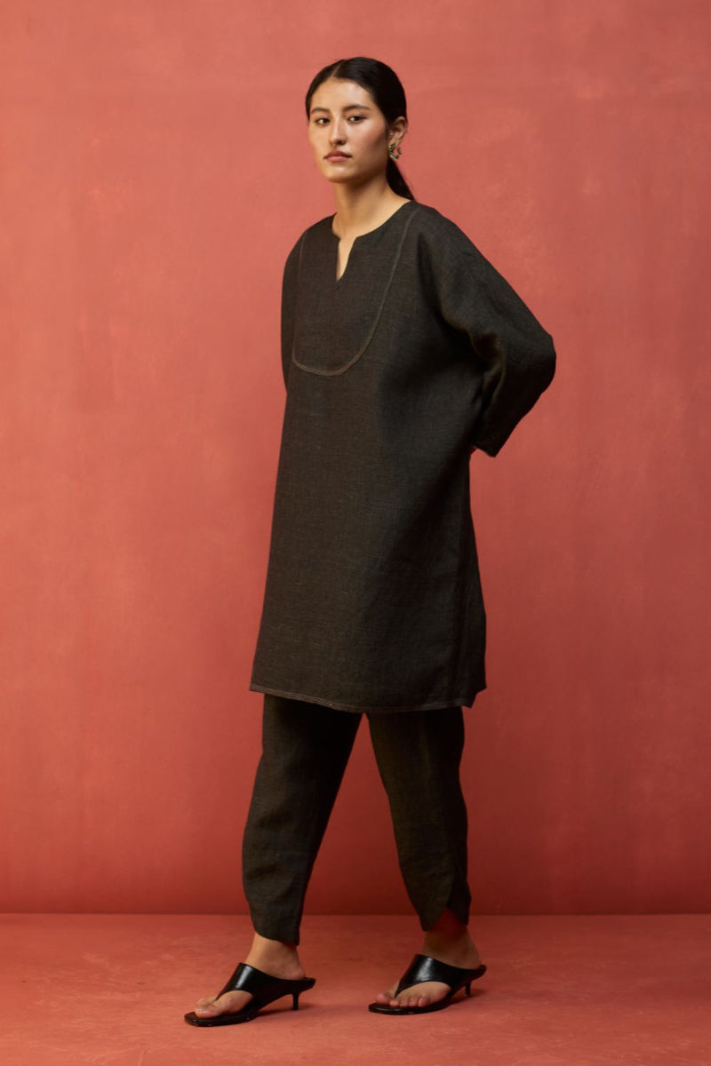 Etsu Yoke Linen Kurta Set - Grey by Manan for Worldwide