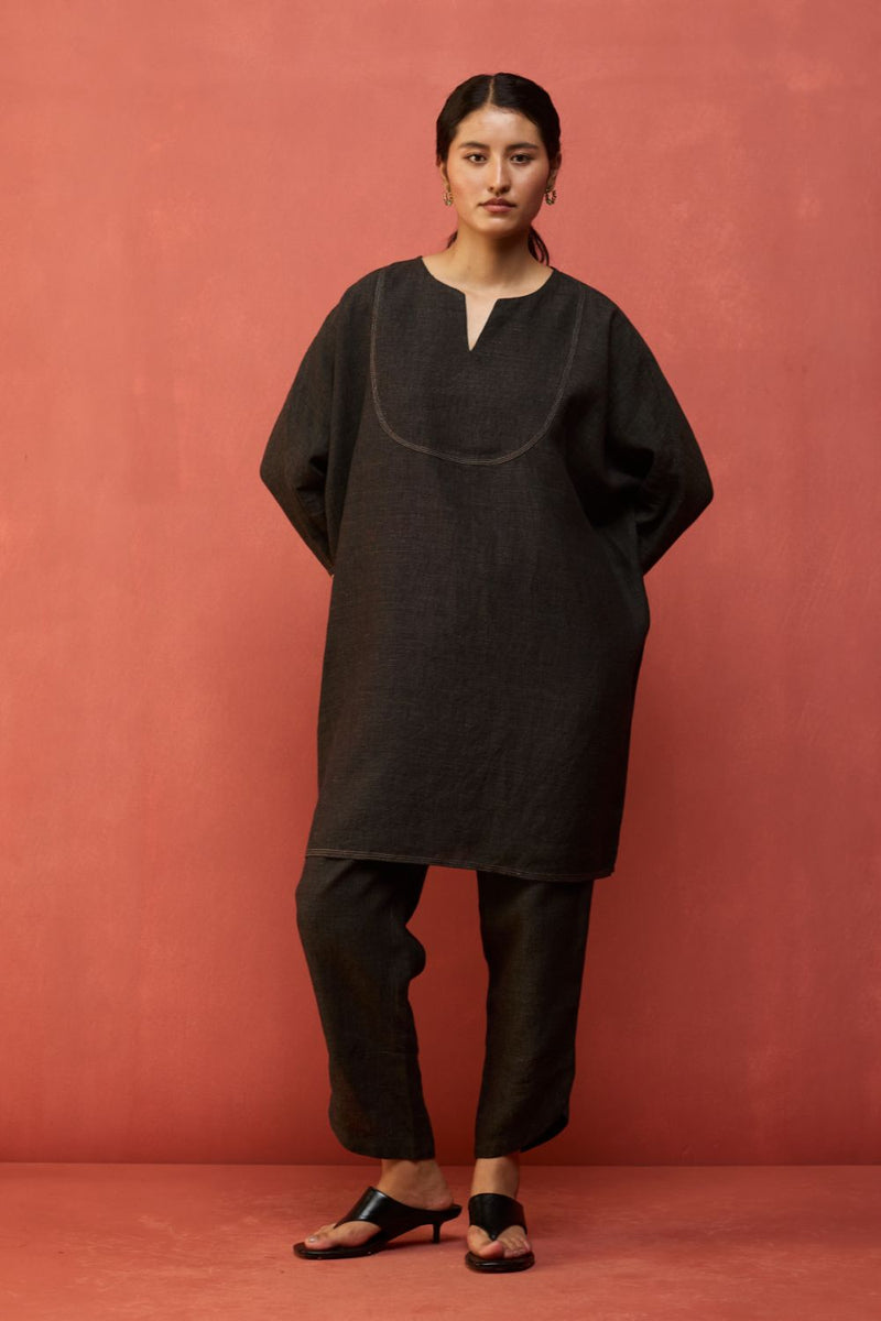 Etsu Yoke Linen Kurta Set - Grey by Manan for Worldwide