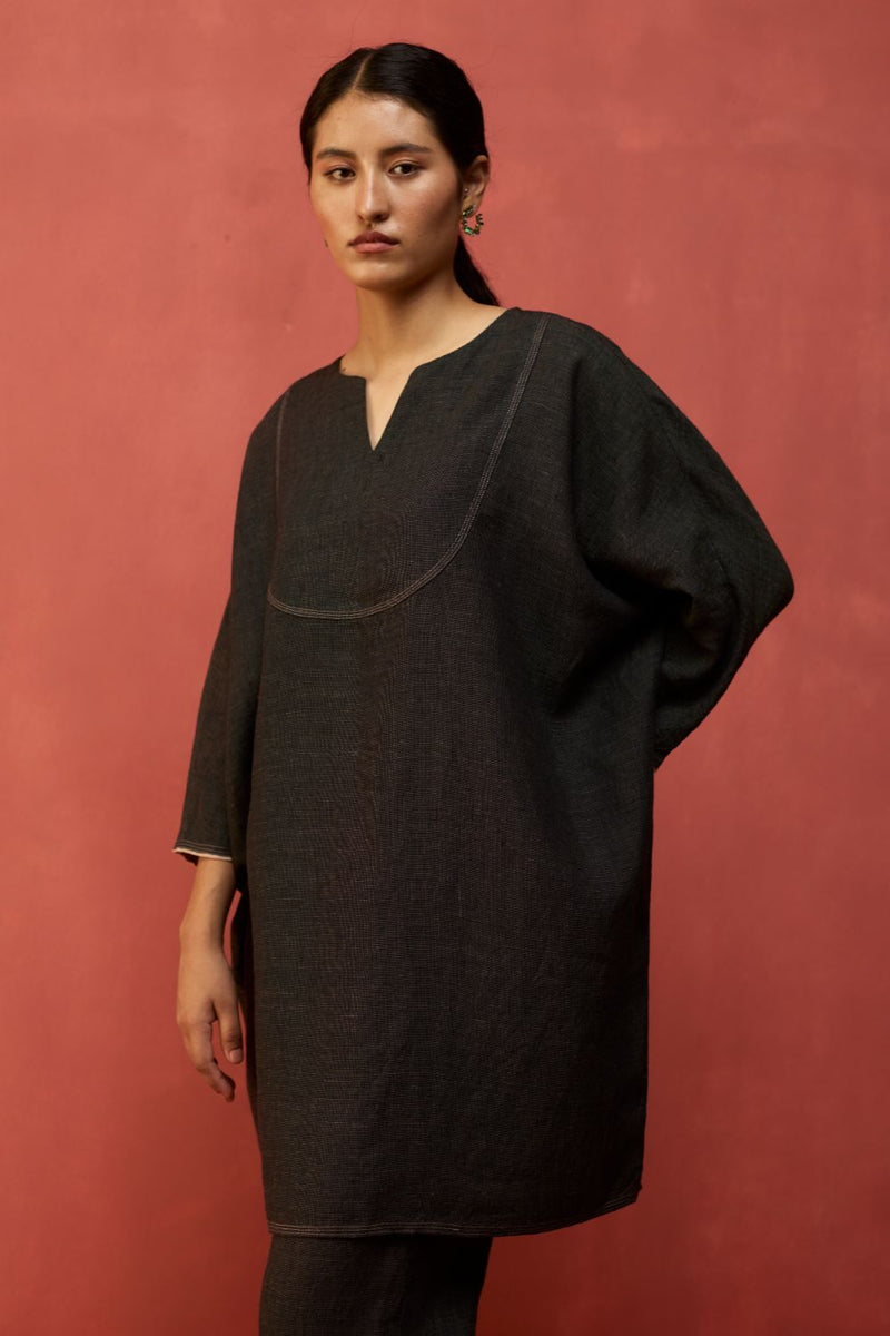 Etsu Yoke Linen Kurta Set - Grey by Manan for Worldwide