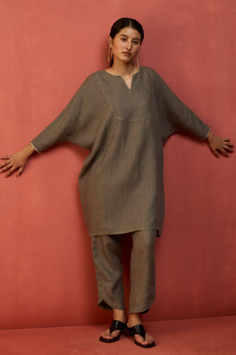 Etsu Yoke Linen Kurta Set - Grey by Manan for Worldwide