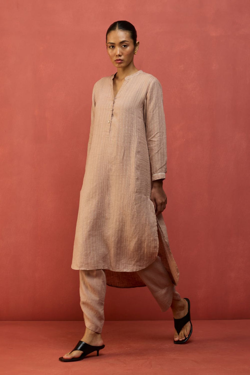 Bunka Stripe Linen Kurta Set - Dusty Rose by Manan for Worldwide
