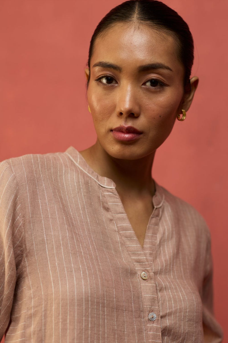 Bunka Stripe Linen Kurta Set - Dusty Rose by Manan for Worldwide