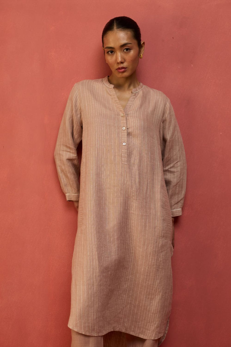 Bunka Stripe Linen Kurta Set - Dusty Rose by Manan for Worldwide