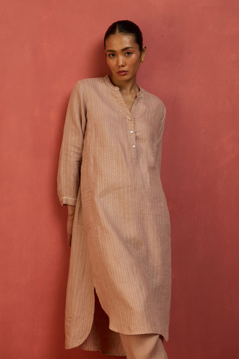 Bunka Stripe Linen Kurta Set - Dusty Rose by Manan for Worldwide