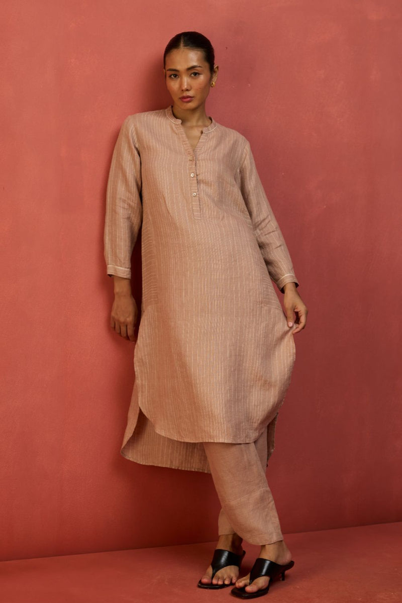 Bunka Stripe Linen Kurta Set - Dusty Rose by Manan for Worldwide