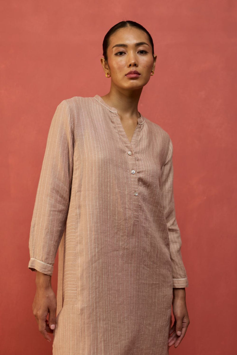 Bunka Stripe Linen Kurta Set - Dusty Rose by Manan for Worldwide