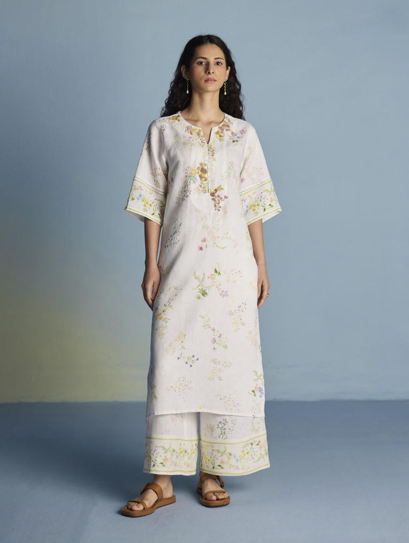 Para Hand-Embroidered Linen Kurta Set - White linen by Manan in white color for women Worldwide