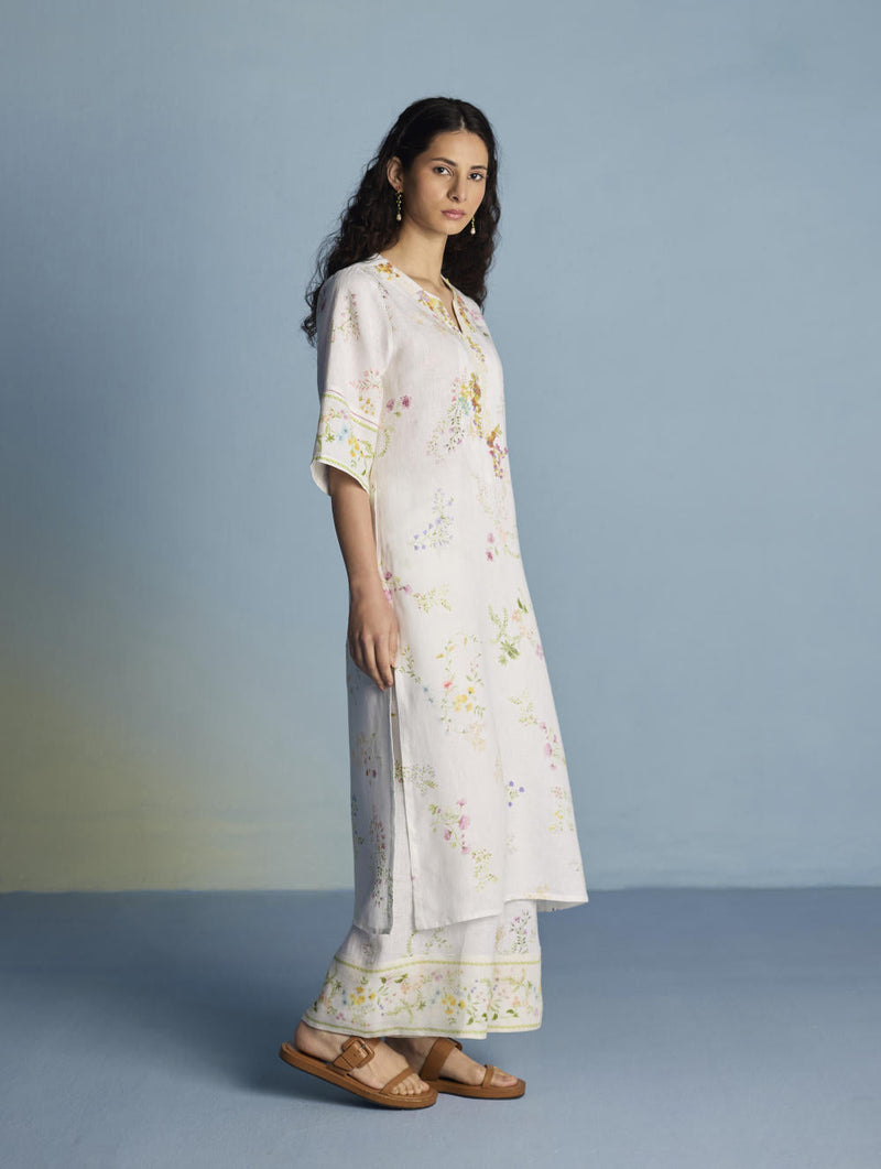 Para Hand-Embroidered Linen Kurta Set - White linen by Manan in white color for women Worldwide