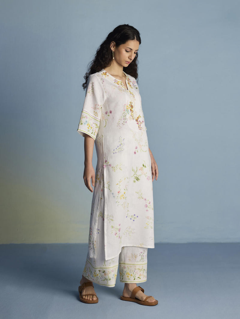 Para Hand-Embroidered Linen Kurta - White linen by Manan in white color for women Worldwide