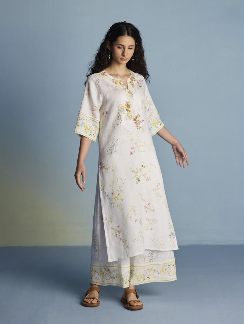 Para Hand-Embroidered Linen Kurta Set - White linen by Manan in white color for women Worldwide