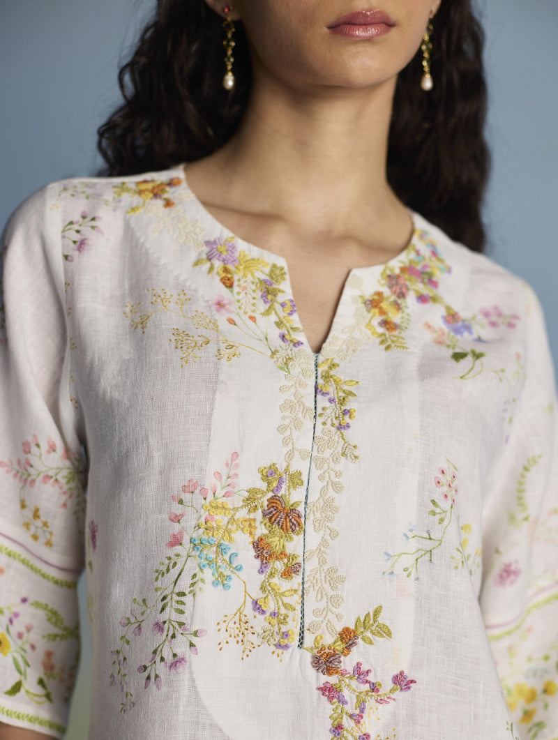 Para Hand-Embroidered Linen Kurta Set - White linen by Manan in white color for women Worldwide