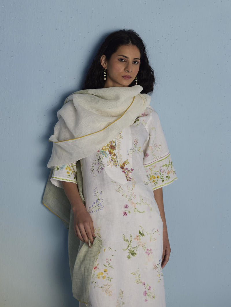 Para Hand-Embroidered Linen Kurta Set - White linen by Manan in white color for women Worldwide