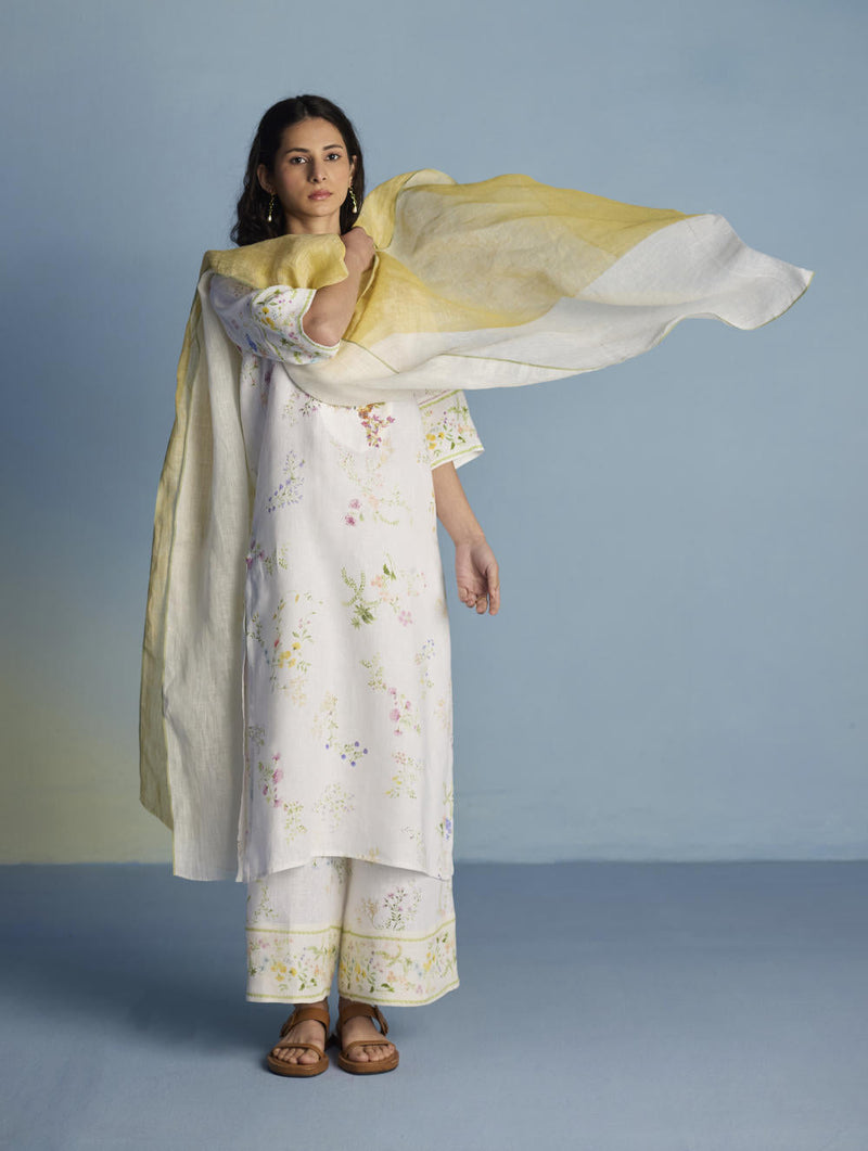 Para Hand-Embroidered Linen Kurta Set - White linen by Manan in white color for women Worldwide
