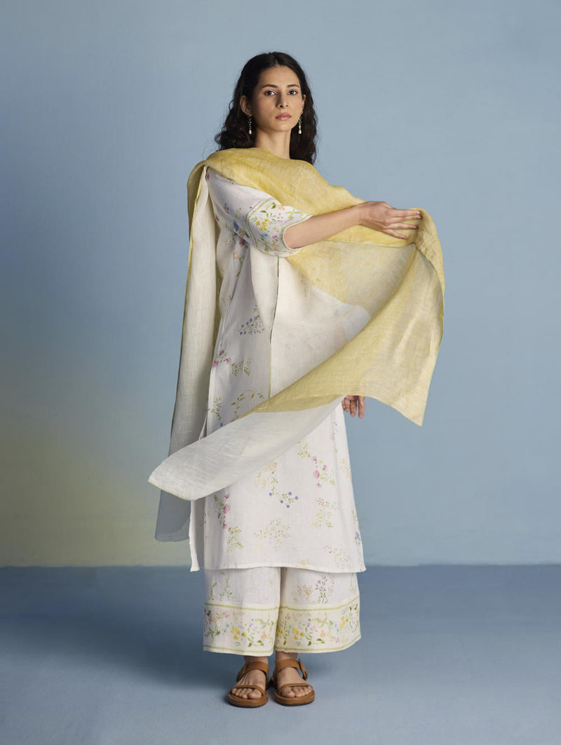 Para Hand-Embroidered Linen Kurta Set - White linen by Manan in white color for women Worldwide