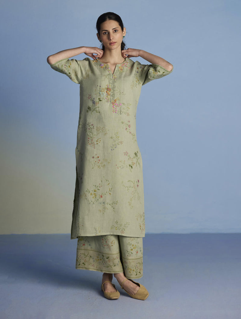 Para Hand-Embroidered Linen Kurta - Mint linen by Manan in mint color for women Worldwide