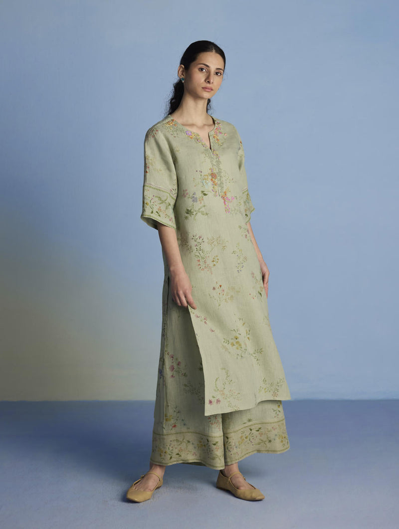 Para Hand-Embroidered Linen Kurta Set - Mint linen by Manan in mint color for women Worldwide