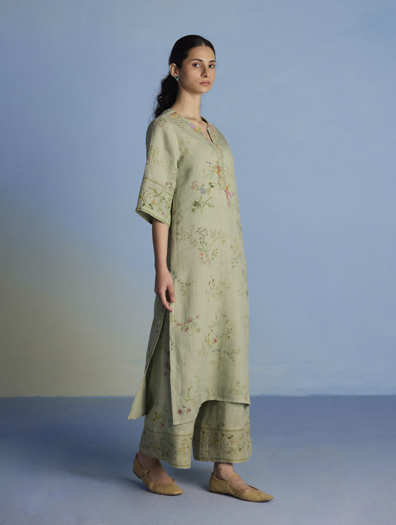 Para Hand-Embroidered Linen Kurta - Mint linen by Manan in mint color for women Worldwide