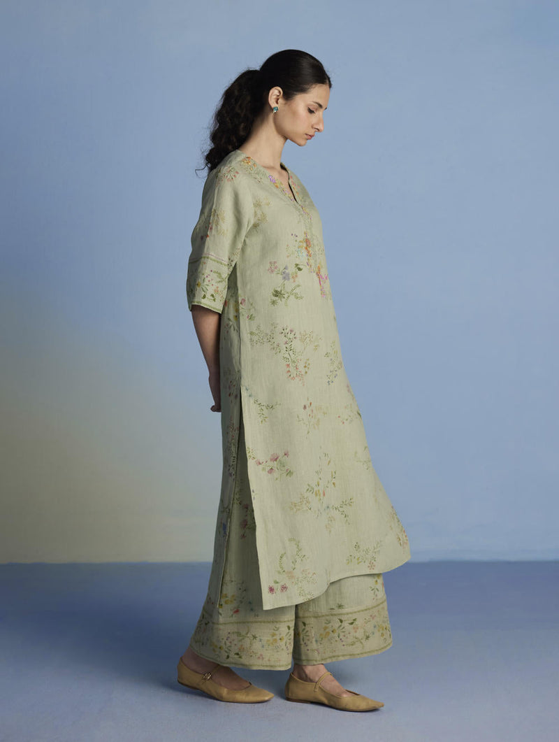 Para Hand-Embroidered Linen Kurta - Mint linen by Manan in mint color for women Worldwide