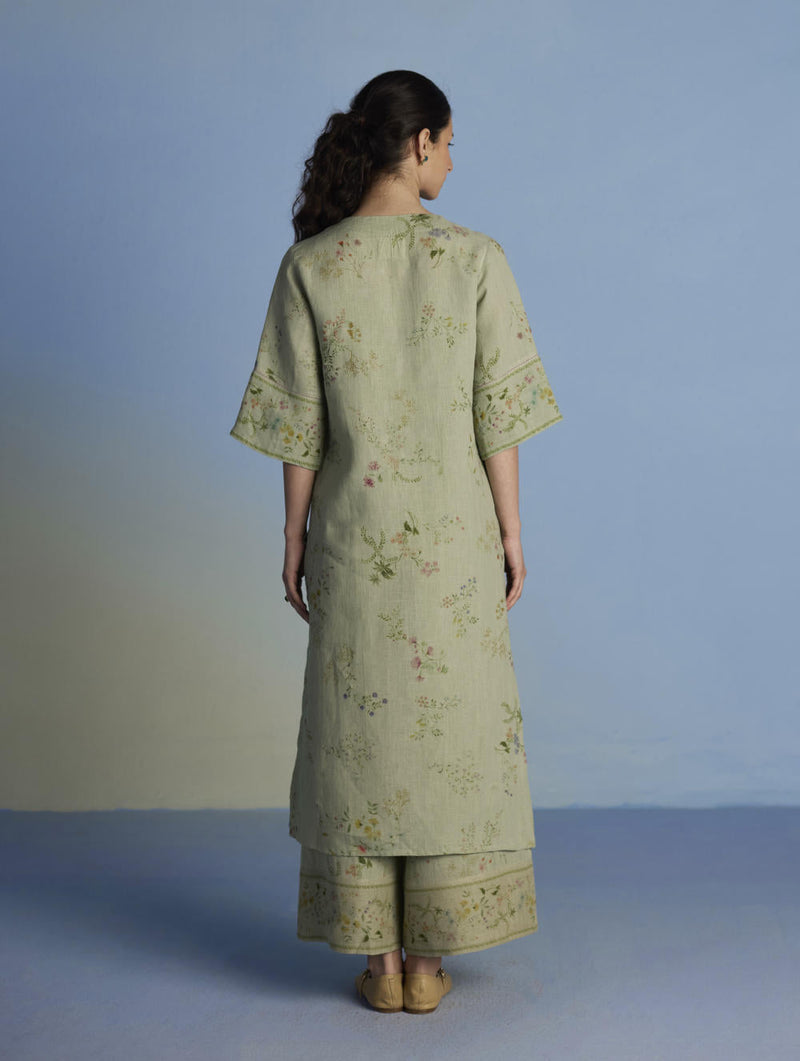 Para Hand-Embroidered Linen Kurta - Mint linen by Manan in mint color for women Worldwide