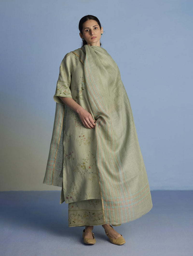 Para Hand-Embroidered Linen Kurta Set - Mint linen by Manan in mint color for women Worldwide