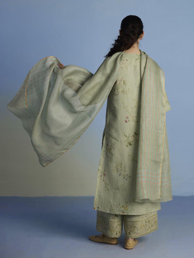 Para Hand-Embroidered Linen Kurta Set - Mint linen by Manan in mint color for women Worldwide