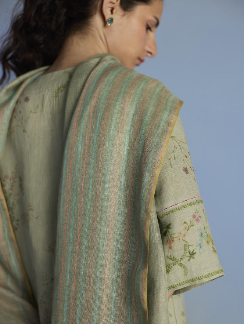 Para Hand-Embroidered Linen Kurta Set - Mint linen by Manan in mint color for women Worldwide