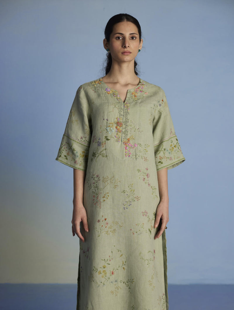 Para Hand-Embroidered Linen Kurta - Mint linen by Manan in mint color for women Worldwide