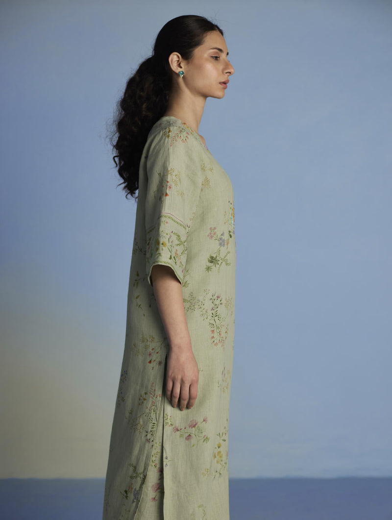 Para Hand-Embroidered Linen Kurta - Mint linen by Manan in mint color for women Worldwide