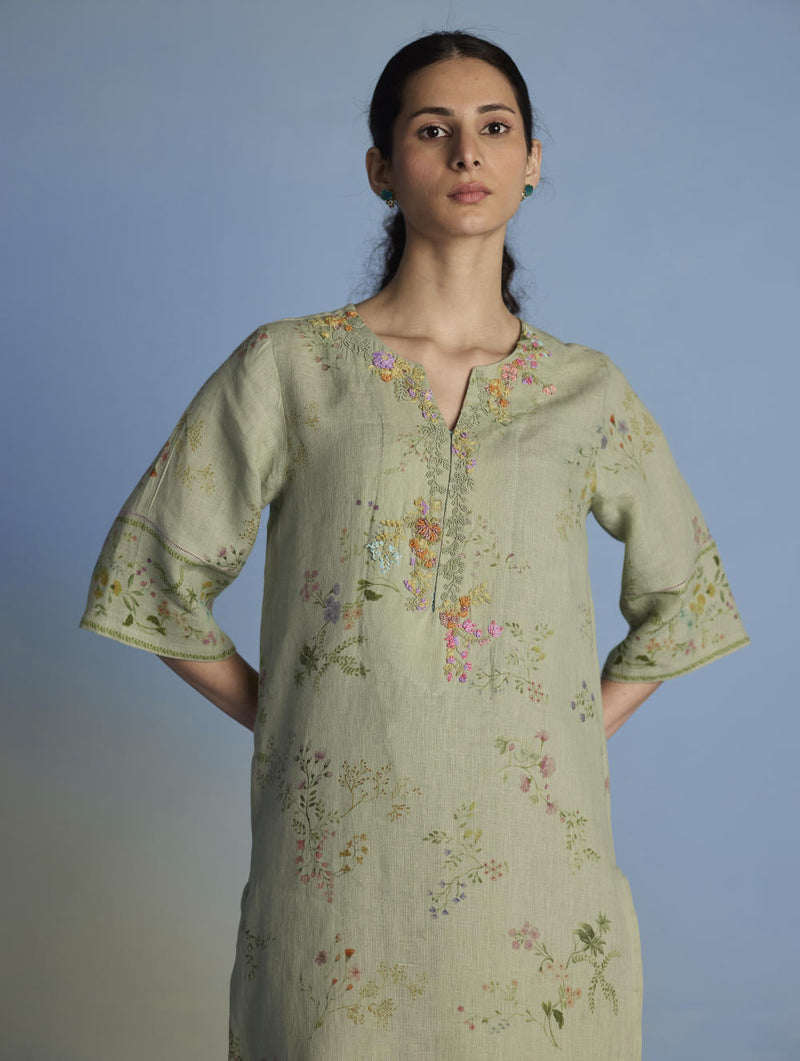 Para Hand-Embroidered Linen Kurta - Mint linen by Manan in mint color for women Worldwide