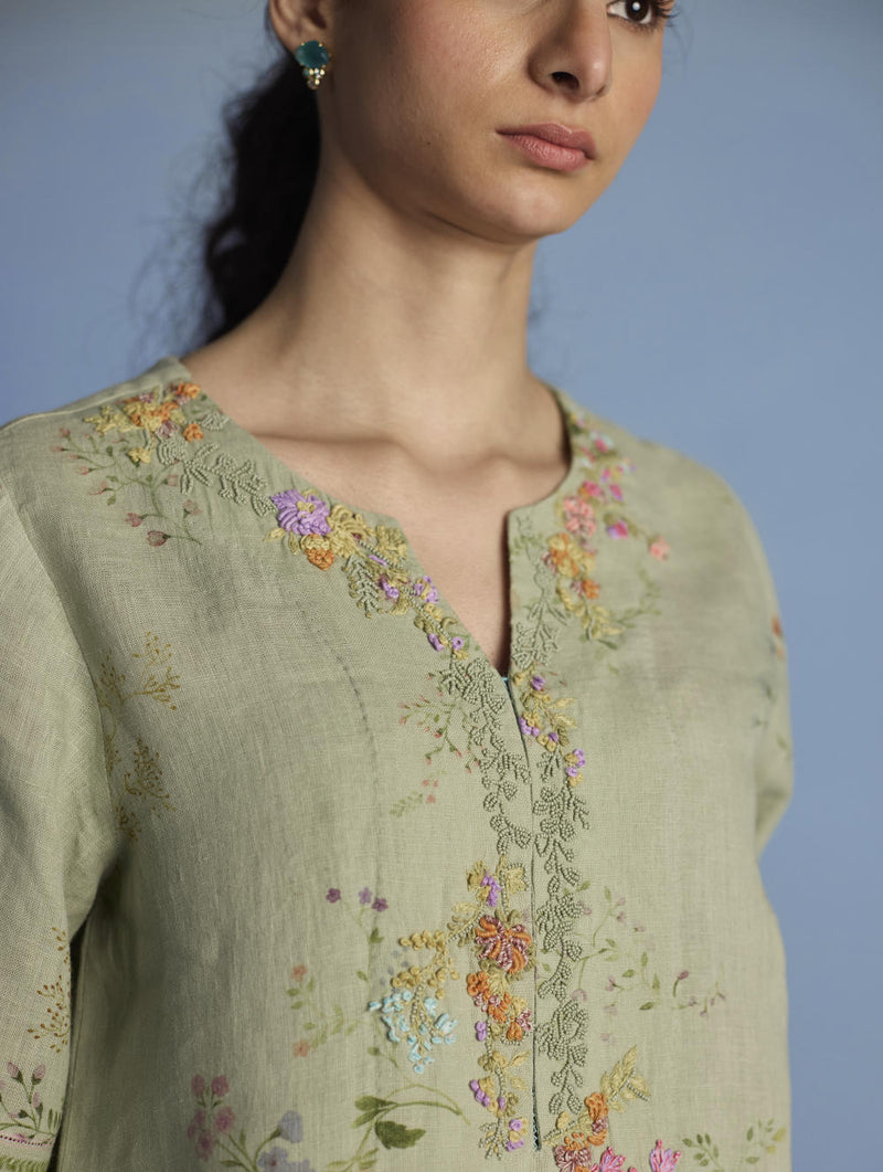 Para Hand-Embroidered Linen Kurta - Mint linen by Manan in mint color for women Worldwide