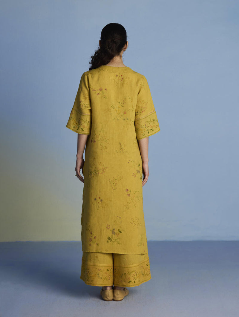 Para Hand-Embroidered Linen Kurta - Ochre linen by Manan for women Worldwide