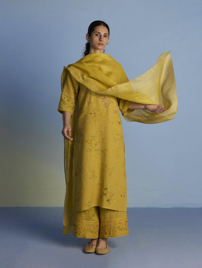 Para Hand-Embroidered Linen Kurta Set - Ochre linen by Manan for women Worldwide