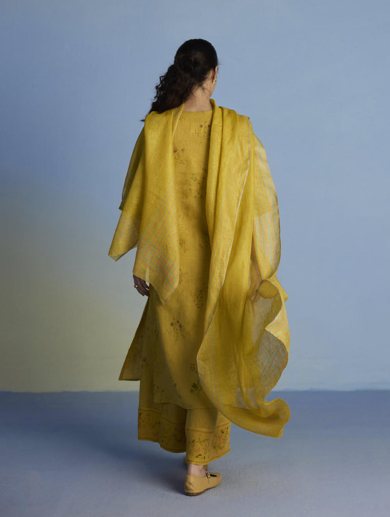 Para Hand-Embroidered Linen Kurta Set - Ochre linen by Manan for women Worldwide