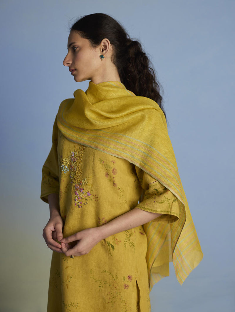 Para Hand-Embroidered Linen Kurta Set - Ochre linen by Manan for women Worldwide