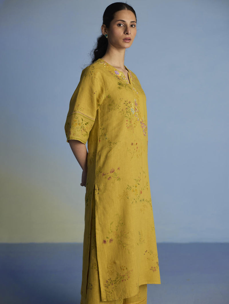 Para Hand-Embroidered Linen Kurta Set - Ochre linen by Manan for women Worldwide