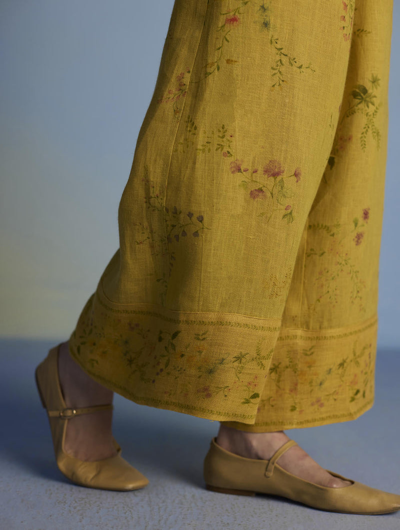Para Hand-Embroidered Linen Kurta Set - Ochre linen by Manan for women Worldwide