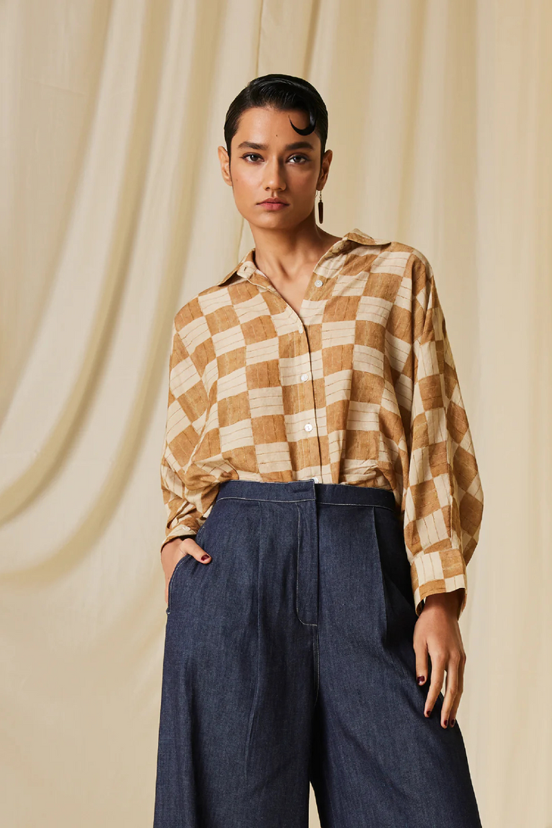 Kiera Shirt - Mustard Checks cotton Top & Tunics,Shirt by CORD for women Worldwide
