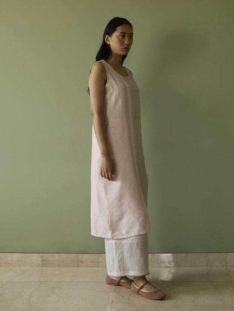 Yara Sleeveless Border Linen Kurta-Blush linen by Manan in blush color for women Worldwide
