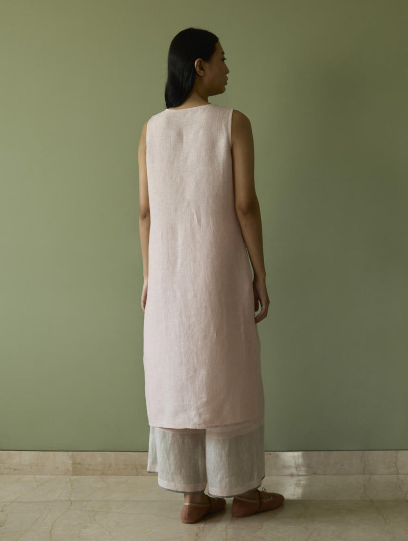 Yara Sleeveless Border Linen Kurta-Blush linen by Manan in blush color for women Worldwide