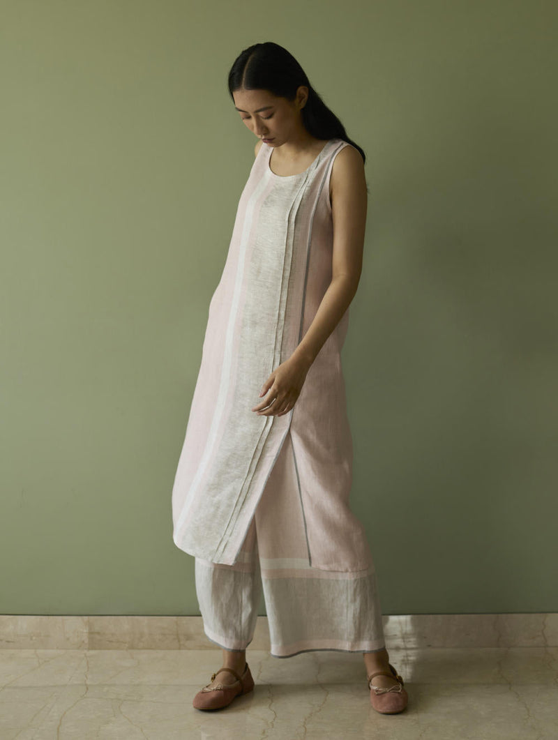 Yara Sleeveless Border Linen Kurta-Blush linen by Manan in blush color for women Worldwide