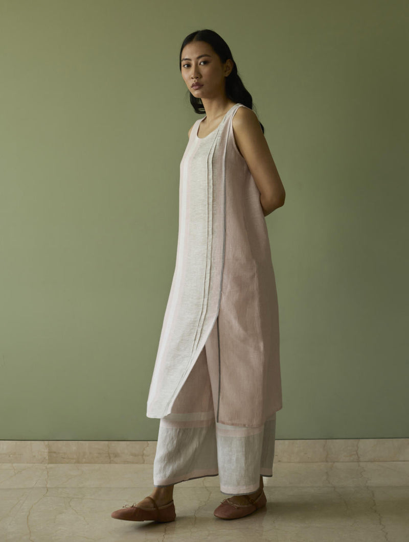 Yara Sleeveless Border Linen Kurta-Blush linen by Manan in blush color for women Worldwide