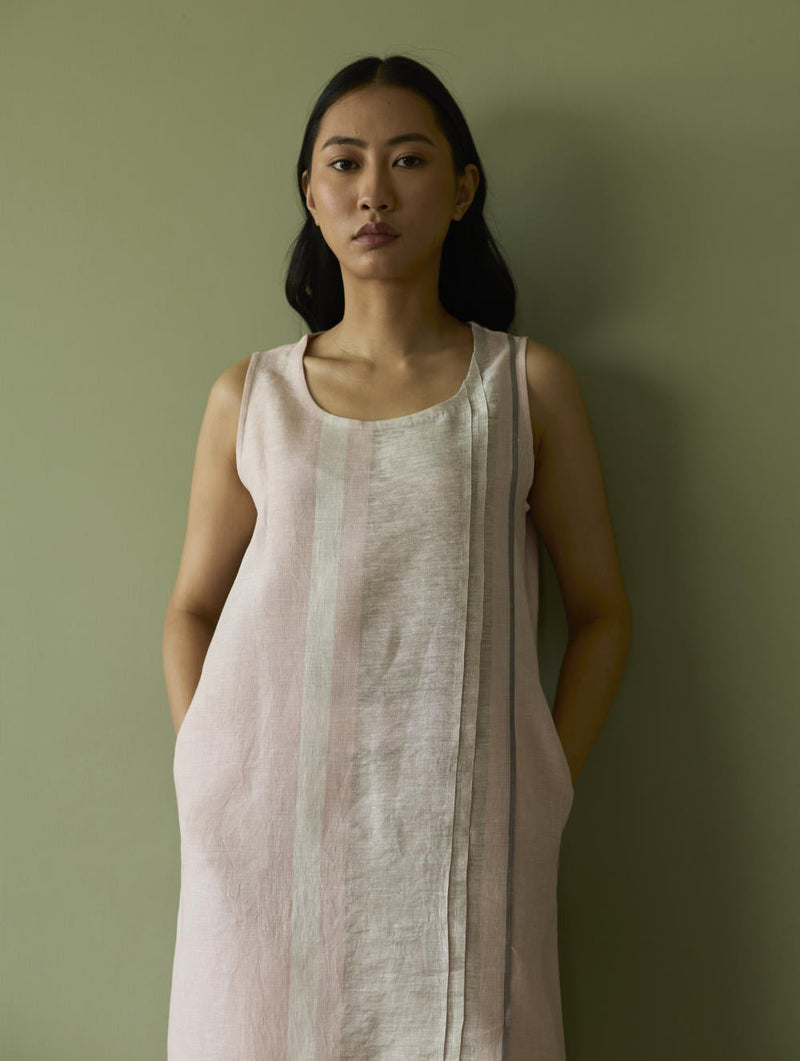 Yara Sleeveless Border Linen Kurta-Blush linen by Manan in blush color for women Worldwide