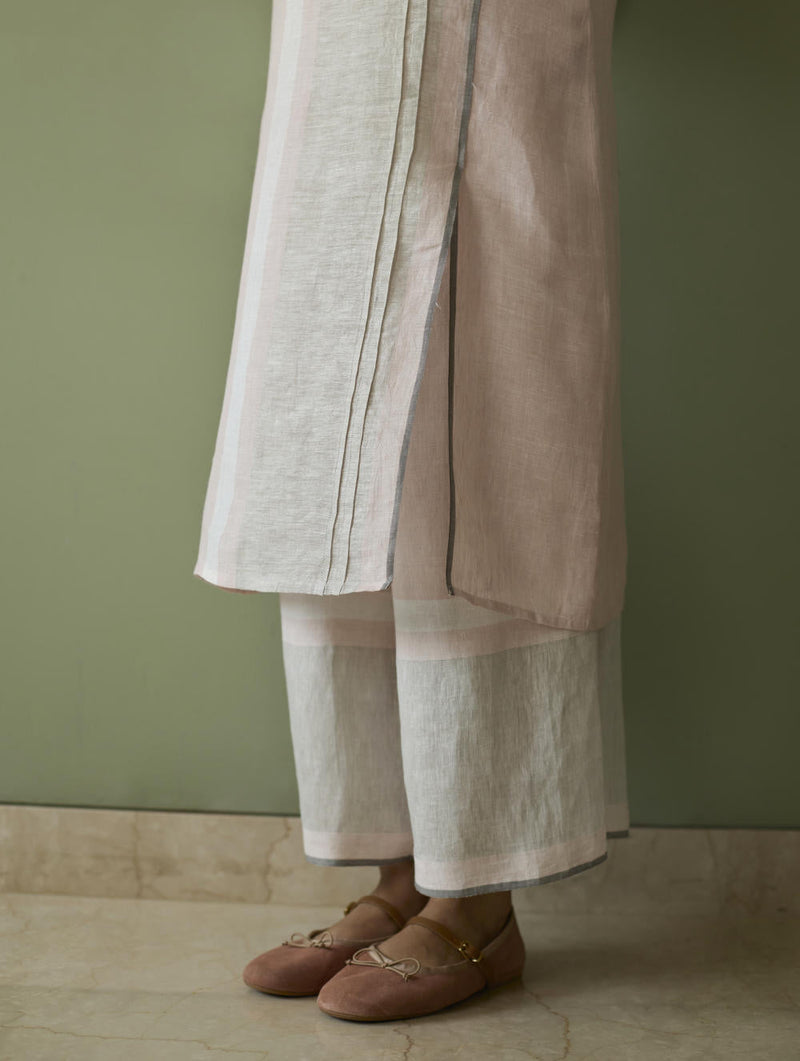 Yara Sleeveless Border Linen Kurta-Blush linen by Manan in blush color for women Worldwide