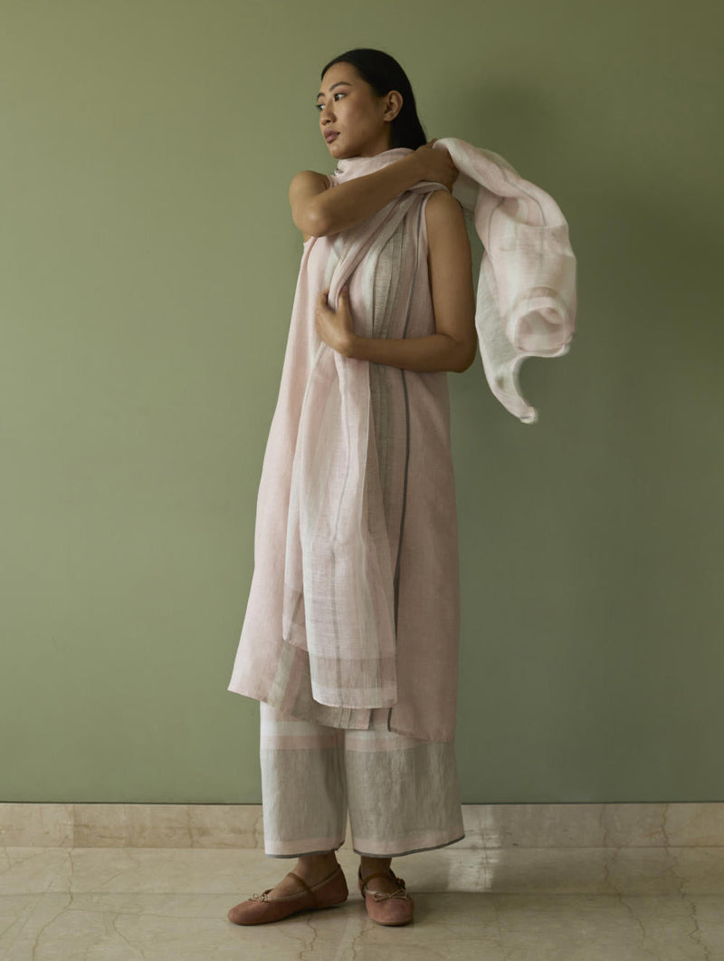 Yara Sleeveless Border Linen Kurta-Blush linen by Manan in blush color for women Worldwide