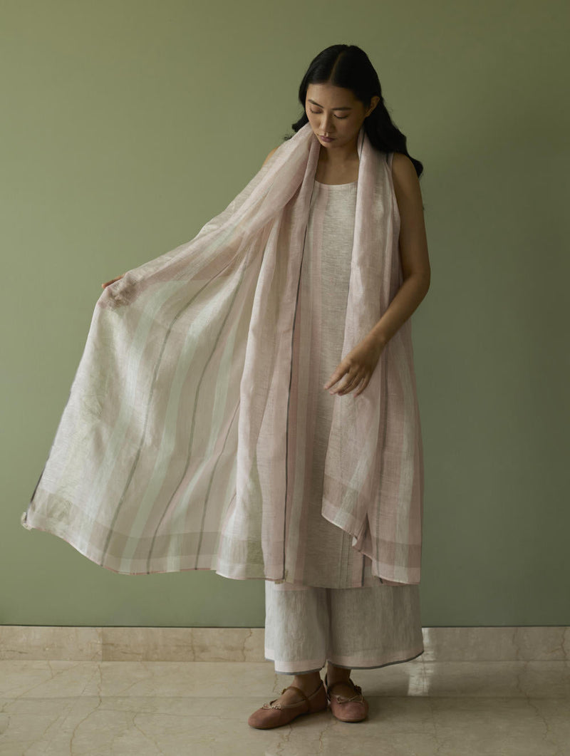 Yara Sleeveless Border Linen Kurta-Blush linen by Manan in blush color for women Worldwide