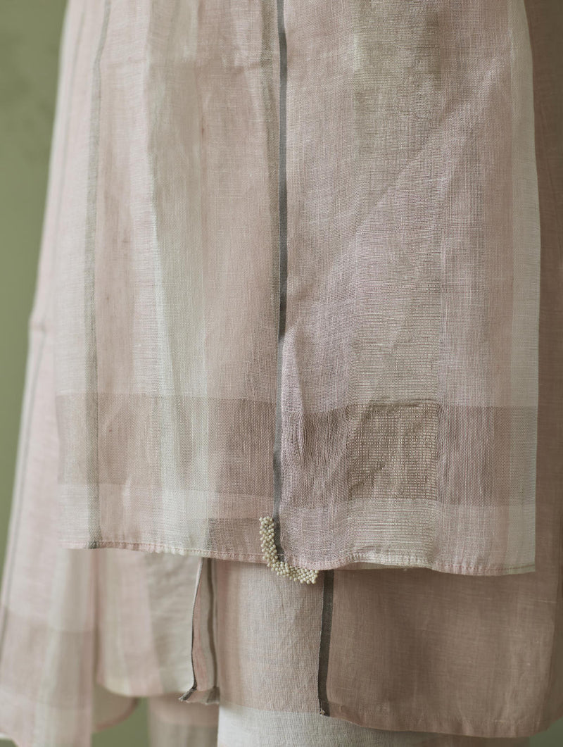 Yara Sleeveless Border Linen Kurta-Blush linen by Manan in blush color for women Worldwide