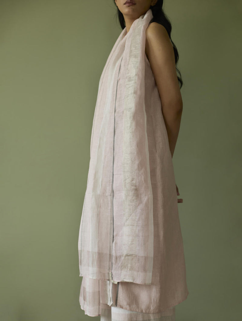Yara Sleeveless Border Linen Kurta-Blush linen by Manan in blush color for women Worldwide