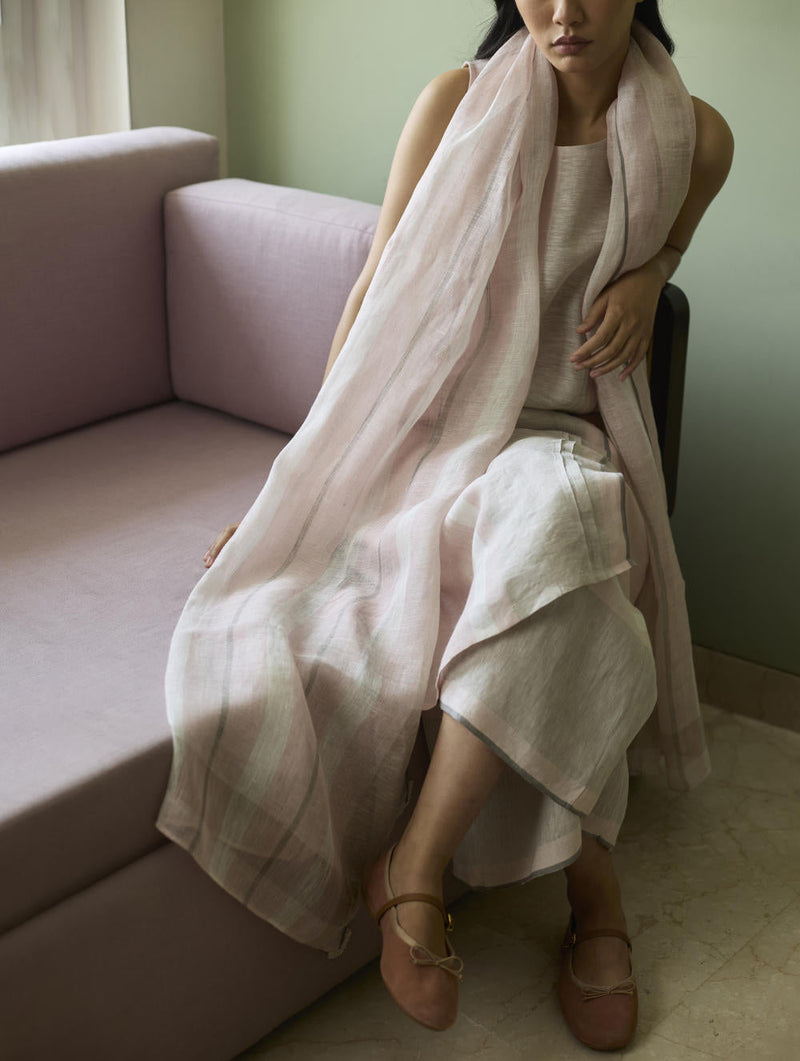 Yara Sleeveless Border Linen Kurta-Blush linen by Manan in blush color for women Worldwide