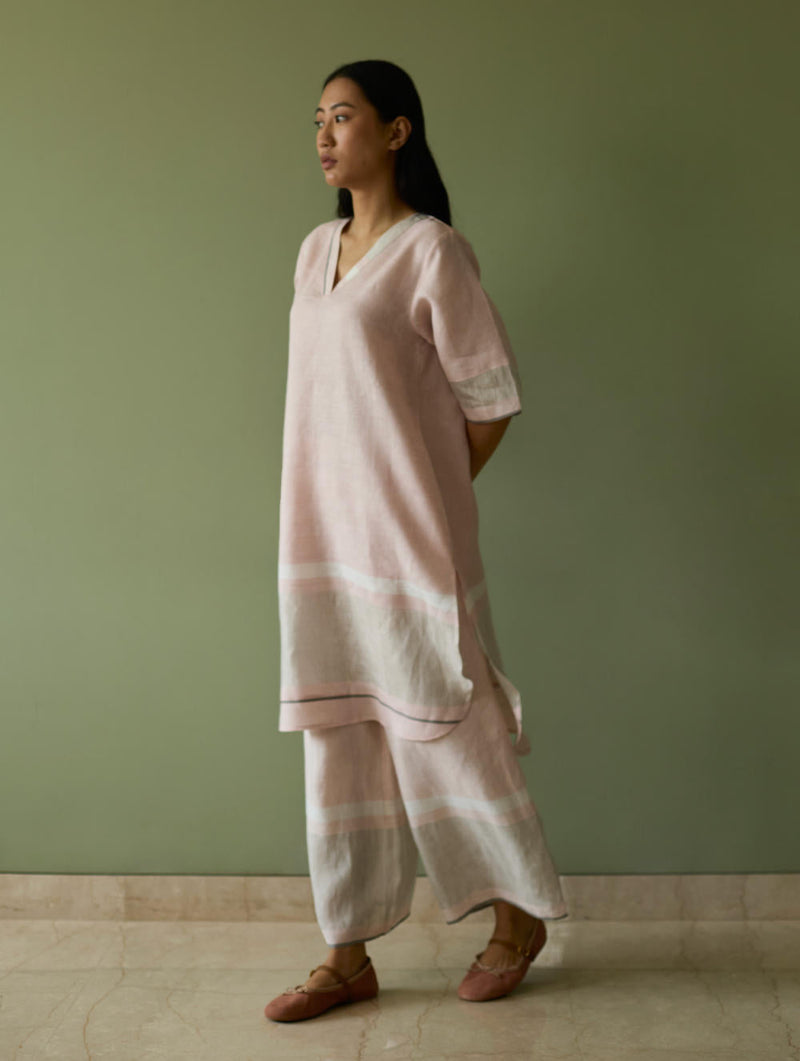 Iva Pleated Border Linen Kurta-Blush linen by Manan in blush color for women Worldwide