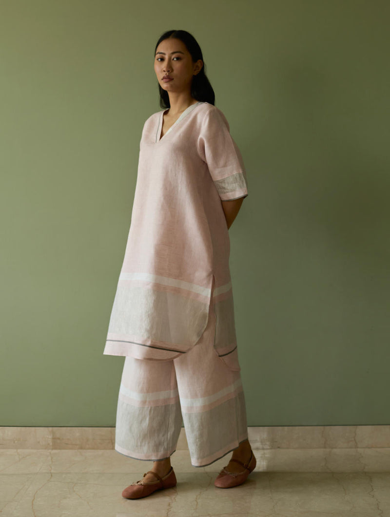 Iva Pleated Border Linen Kurta-Blush linen by Manan in blush color for women Worldwide